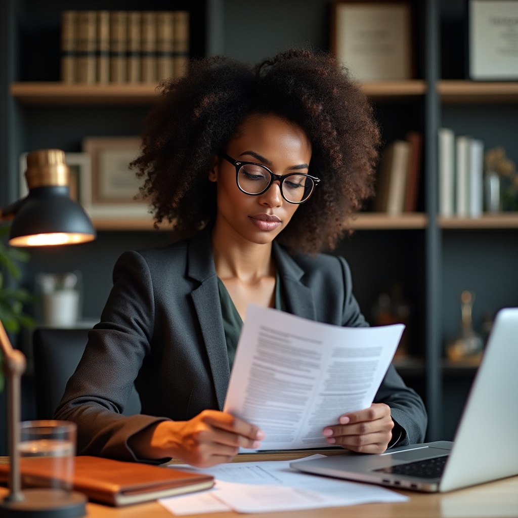 Attorney reviewing property transfer documents at desk with laptop