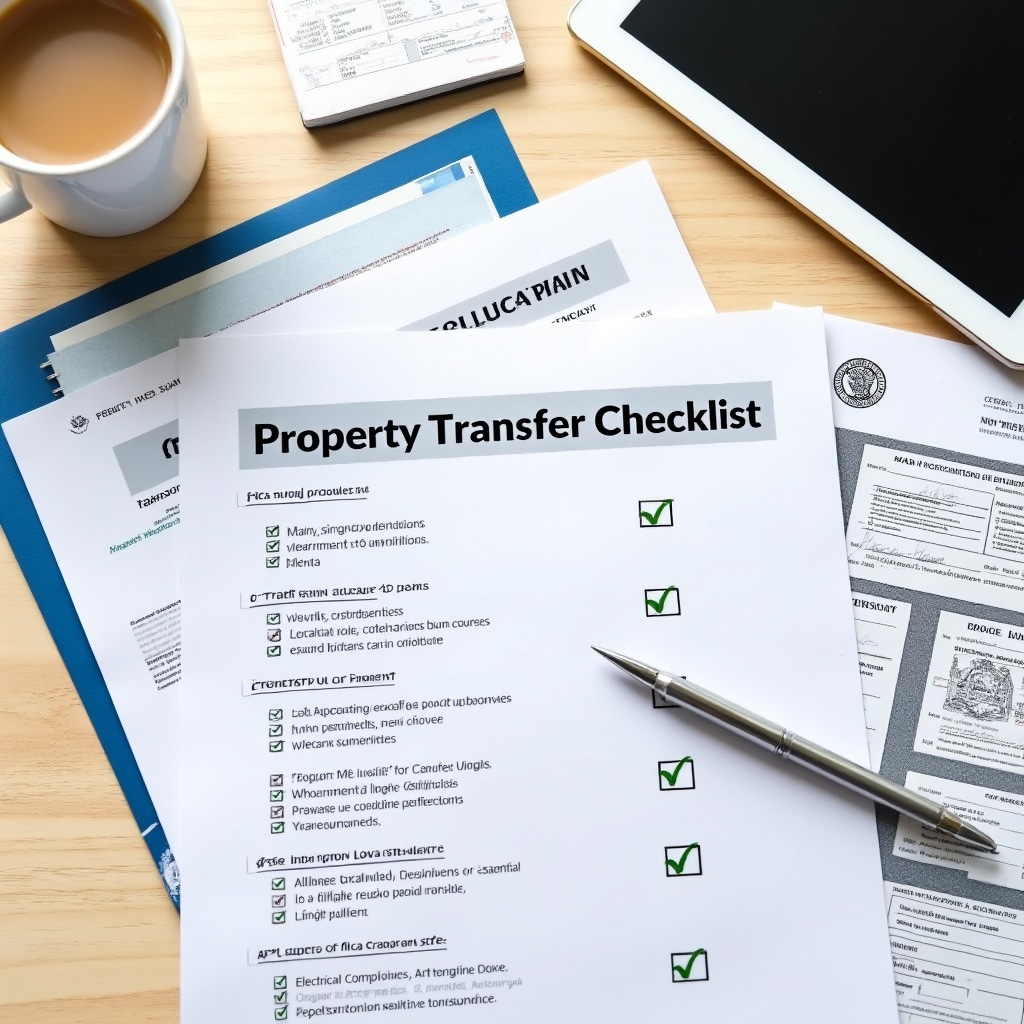 Property transfer documentation checklist with pen and papers