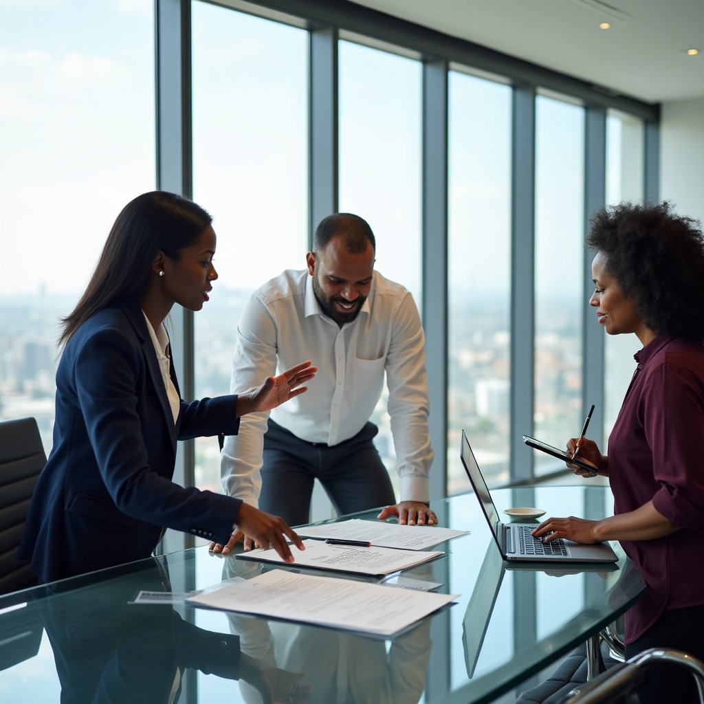 Team discussing property transfer documentation in modern office